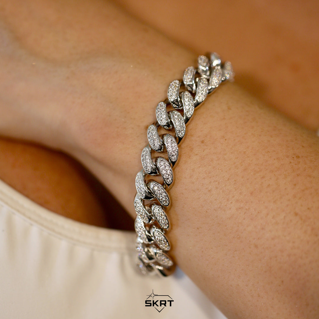 12mm Diamond Cuban Link Bracelet - 18K White Gold · female-model