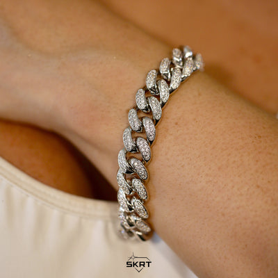 12mm Diamond Cuban Link Bracelet - 18K White Gold · female-model
