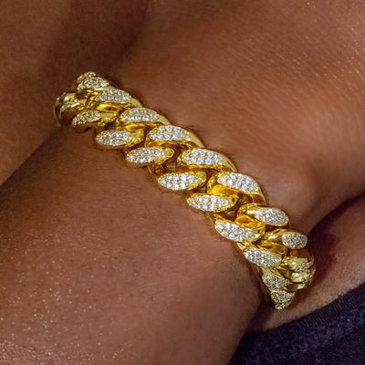 12mm Diamond Cuban Link Bracelet - 18K Yellow Gold · female-model