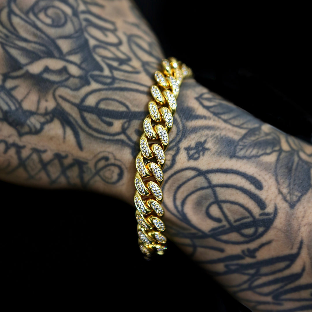 12mm Iced Cuban Link Bracelet - 18K Yellow Gold · male-model