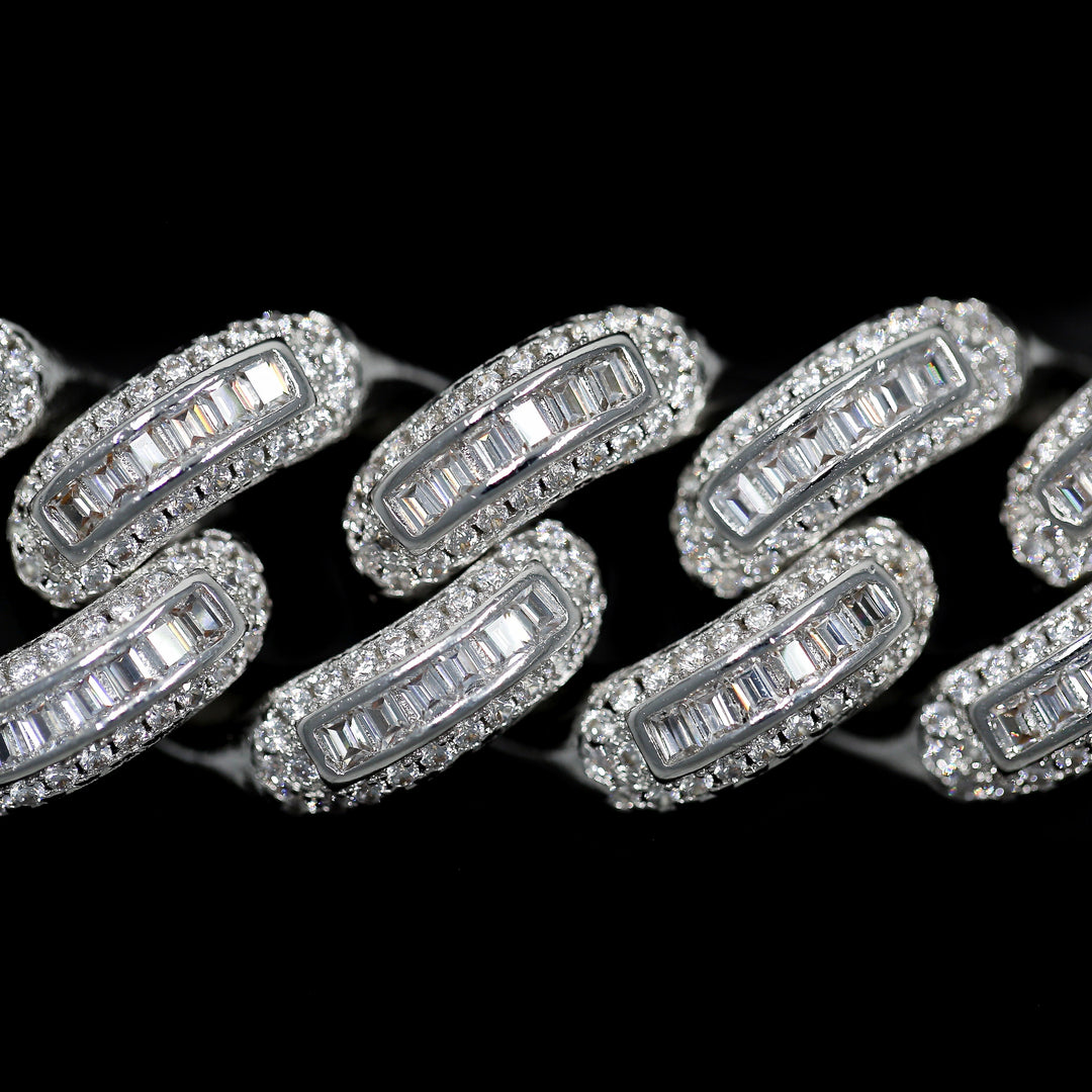 SKRT 18mm white gold baguette Cuban link studio shot · male-model