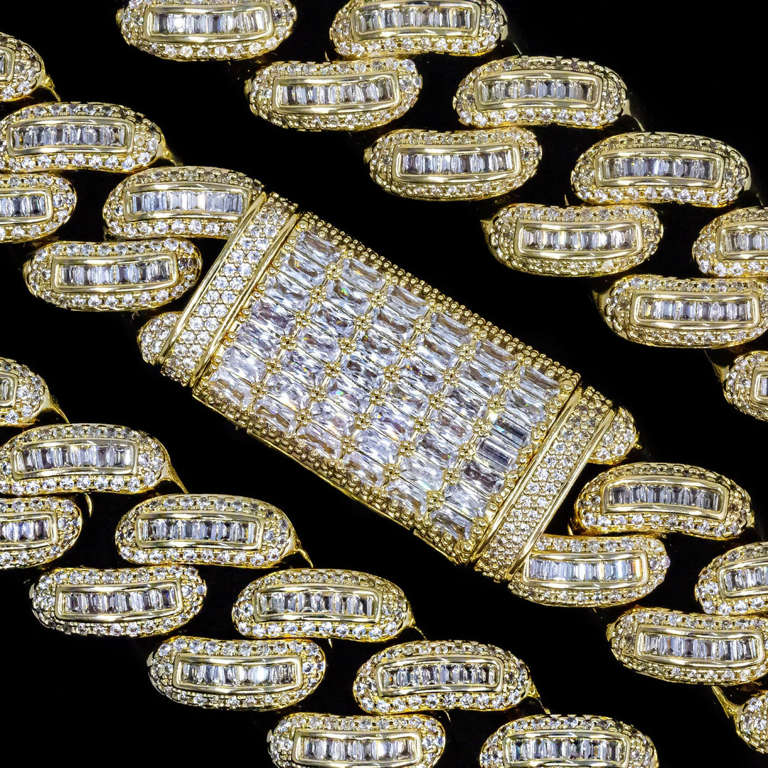 18mm Baguette Cuban Link Chain in Yellow Gold · male-model