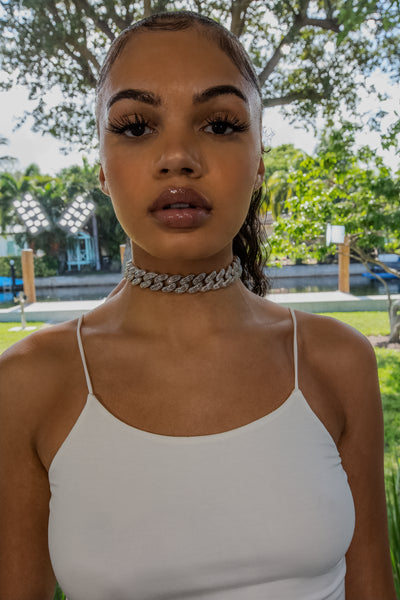 18mm Bugatti Link Choker on model - 18K White Gold (front) · female-model