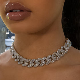 Baguette Cuban Link Choker/ Necklace in White Gold - 18mm