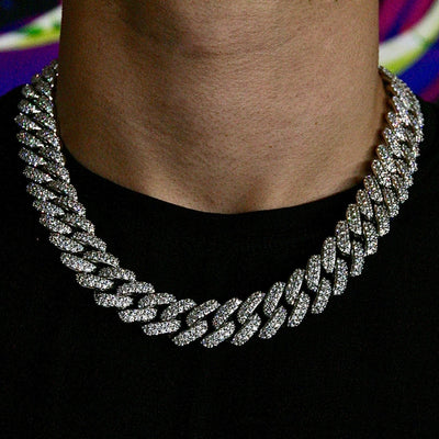 18mm Flower Set Cuban Link Chain - 18K White Gold · male-model