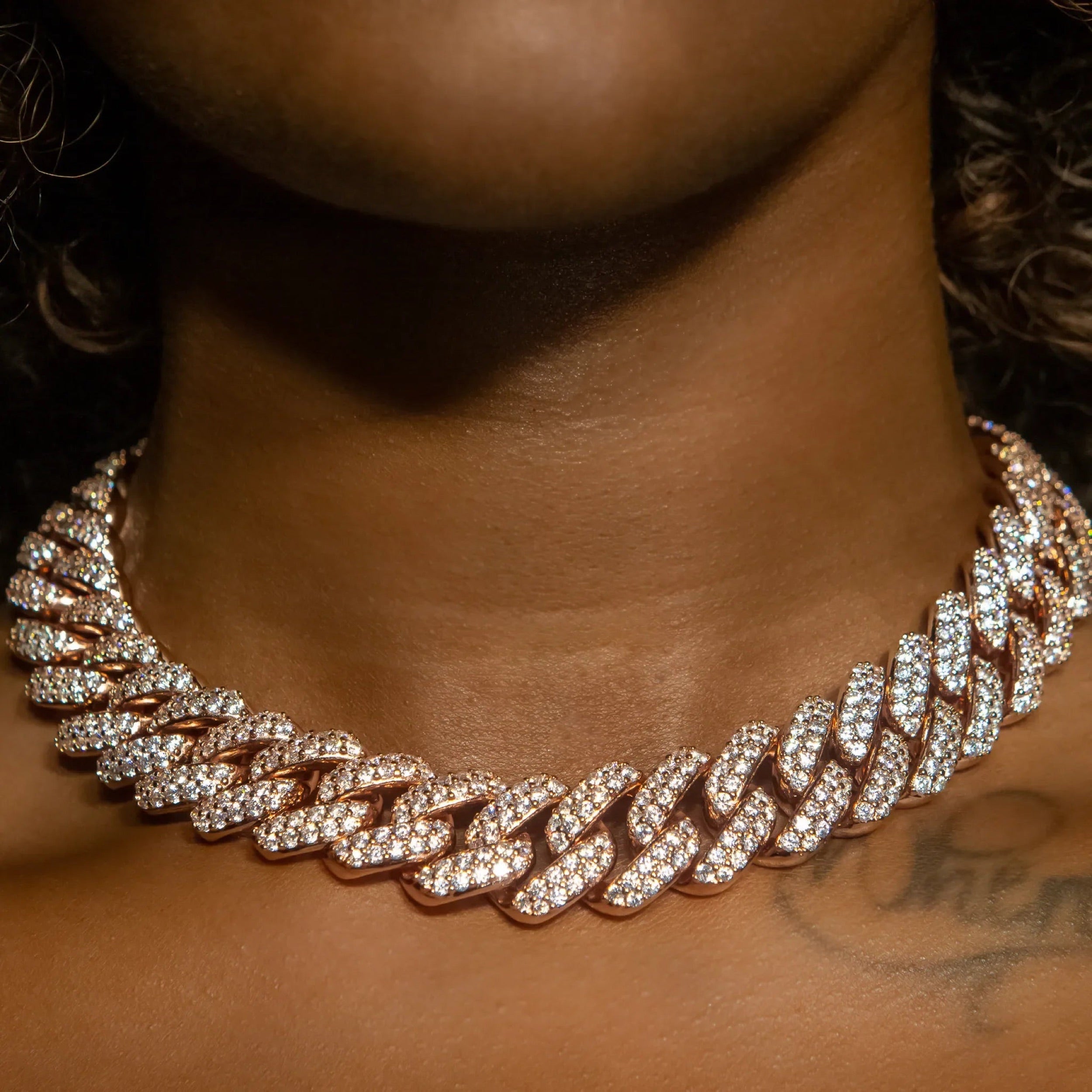 18mm Flower Set Cuban Link Choker/ Necklace in Rose Gold · female-model