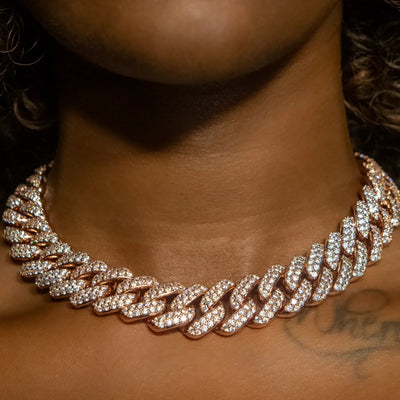 18mm Flower Set Cuban Link Choker/ Necklace in Rose Gold · female-model