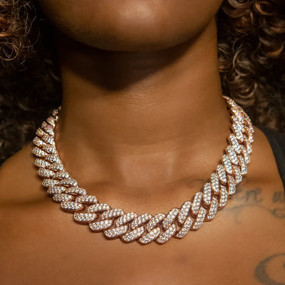 18mm Flower Set Cuban Link Choker/ Necklace in Rose Gold · female-model