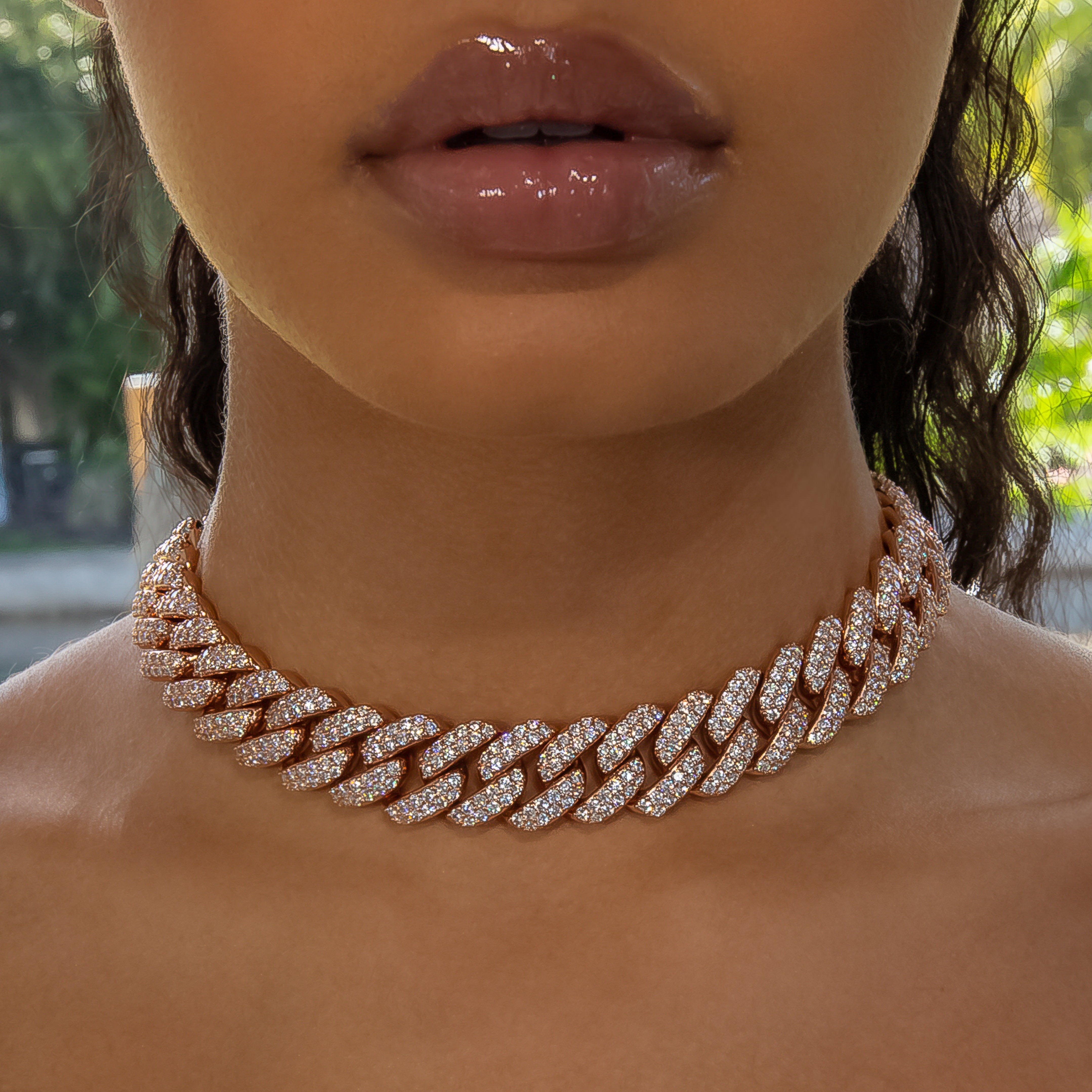 18mm Flower Set Cuban Link Choker/ Necklace - 18K Rose Gold · female-model