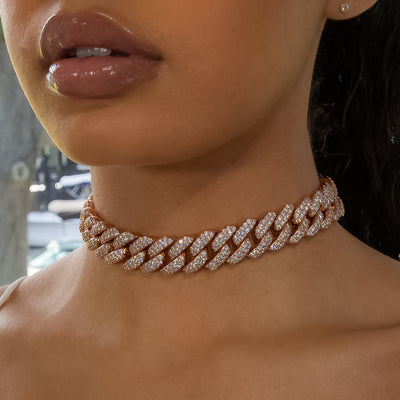 18mm Flower Set Cuban Link Choker/ Necklace - 18K Rose Gold · female-model