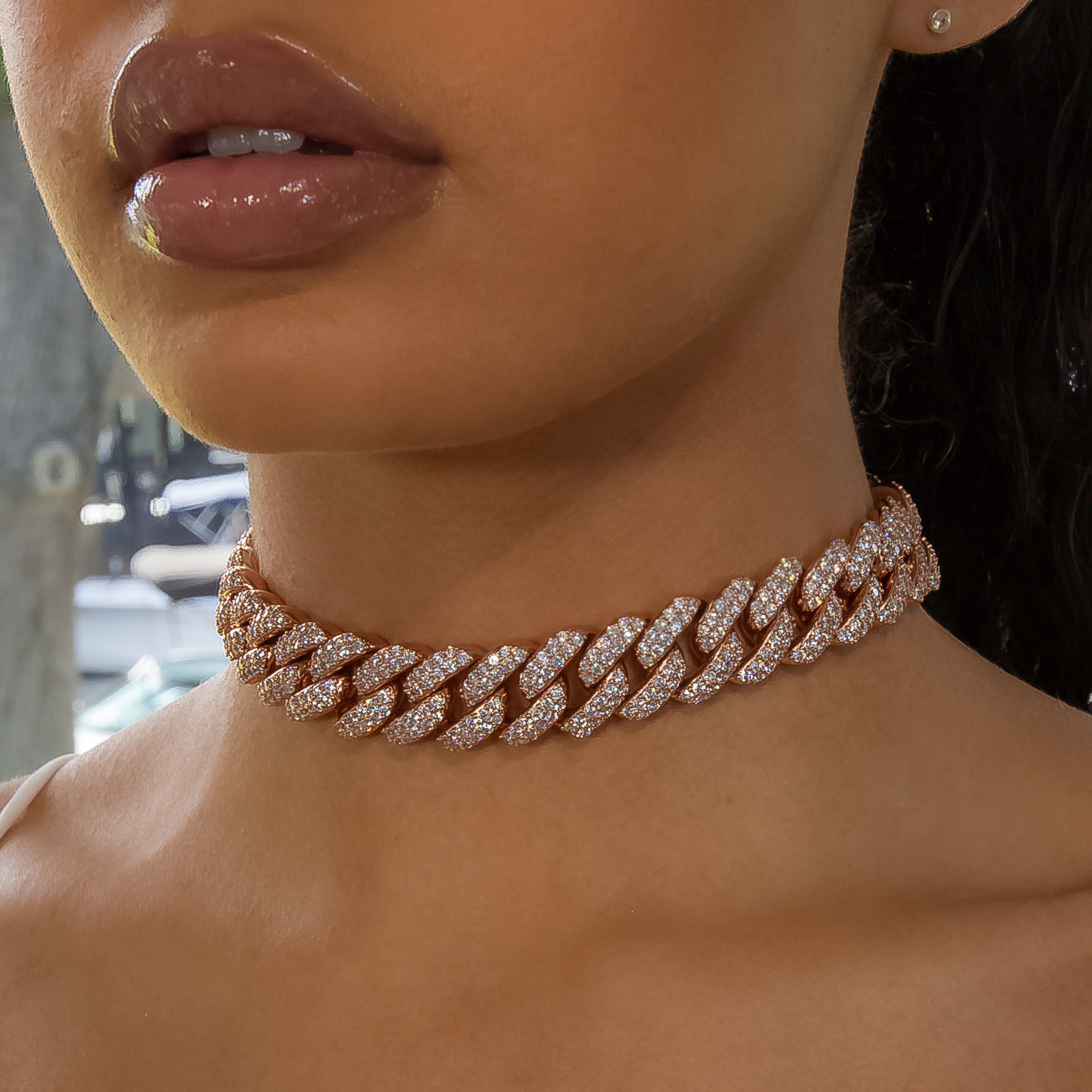 18mm Flower Set Cuban Link Choker/ Necklace - 18K Rose Gold · female-model