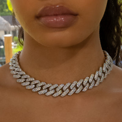 18mm Flower Set Cuban Link Choker/ Necklace - 18K White Gold · female-model