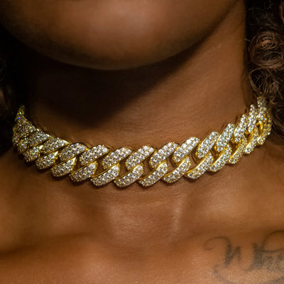 18mm Flower Set Cuban Link Choker/ Necklace in Yellow Gold · female-model