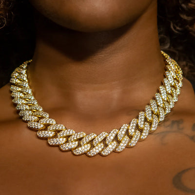 18mm Flower Set Cuban Link Choker/ Necklace in Yellow Gold · female-model