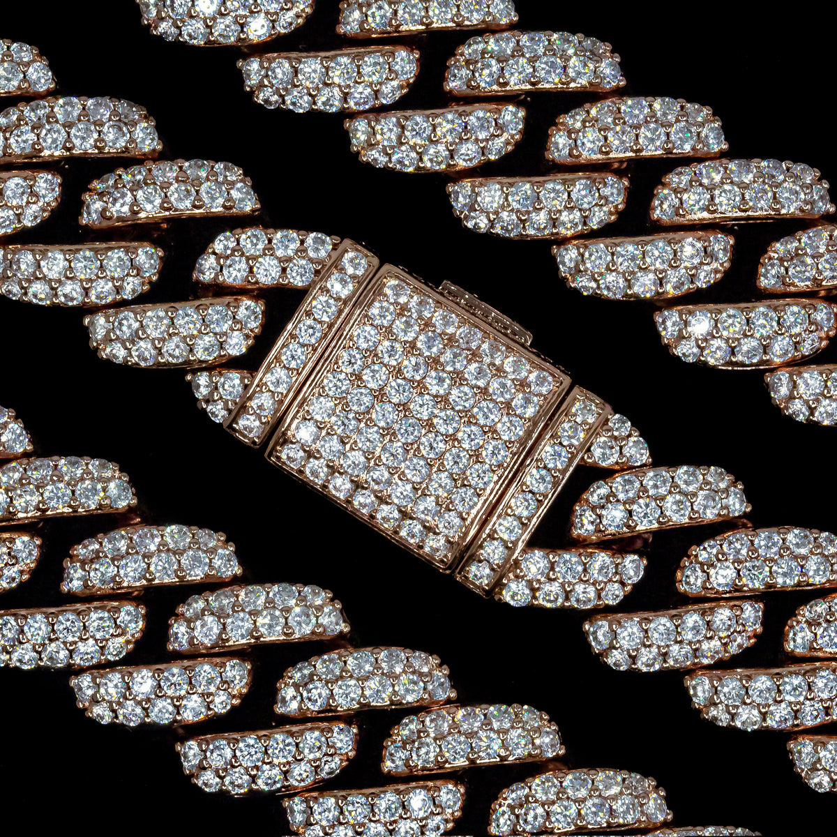 SKRT 18mm Flower Setting Cuban link design in Rose Gold, original black-background link and clasp detail
