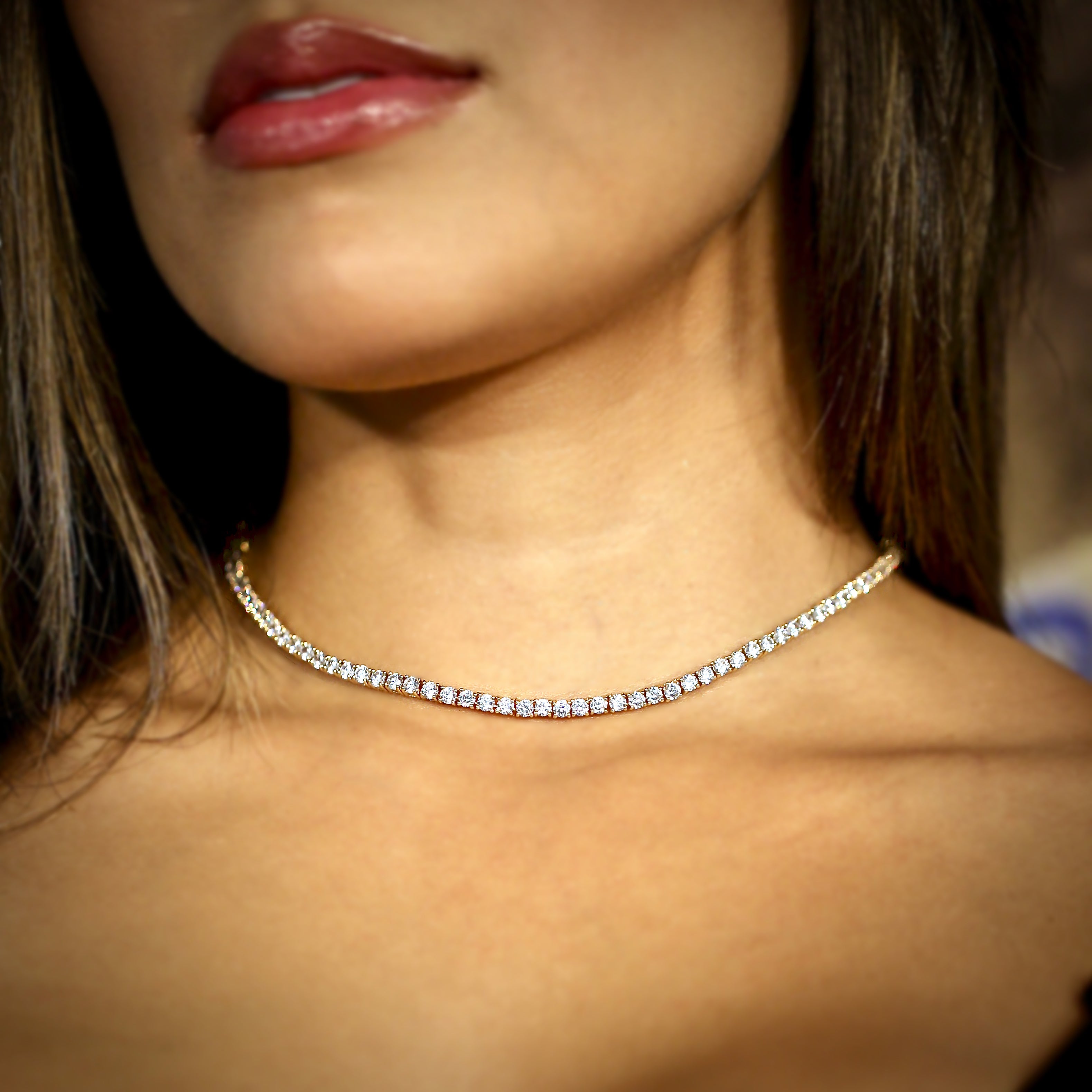 3mm Diamond Tennis Choker/ Necklace - 18K Yellow Gold · female-model