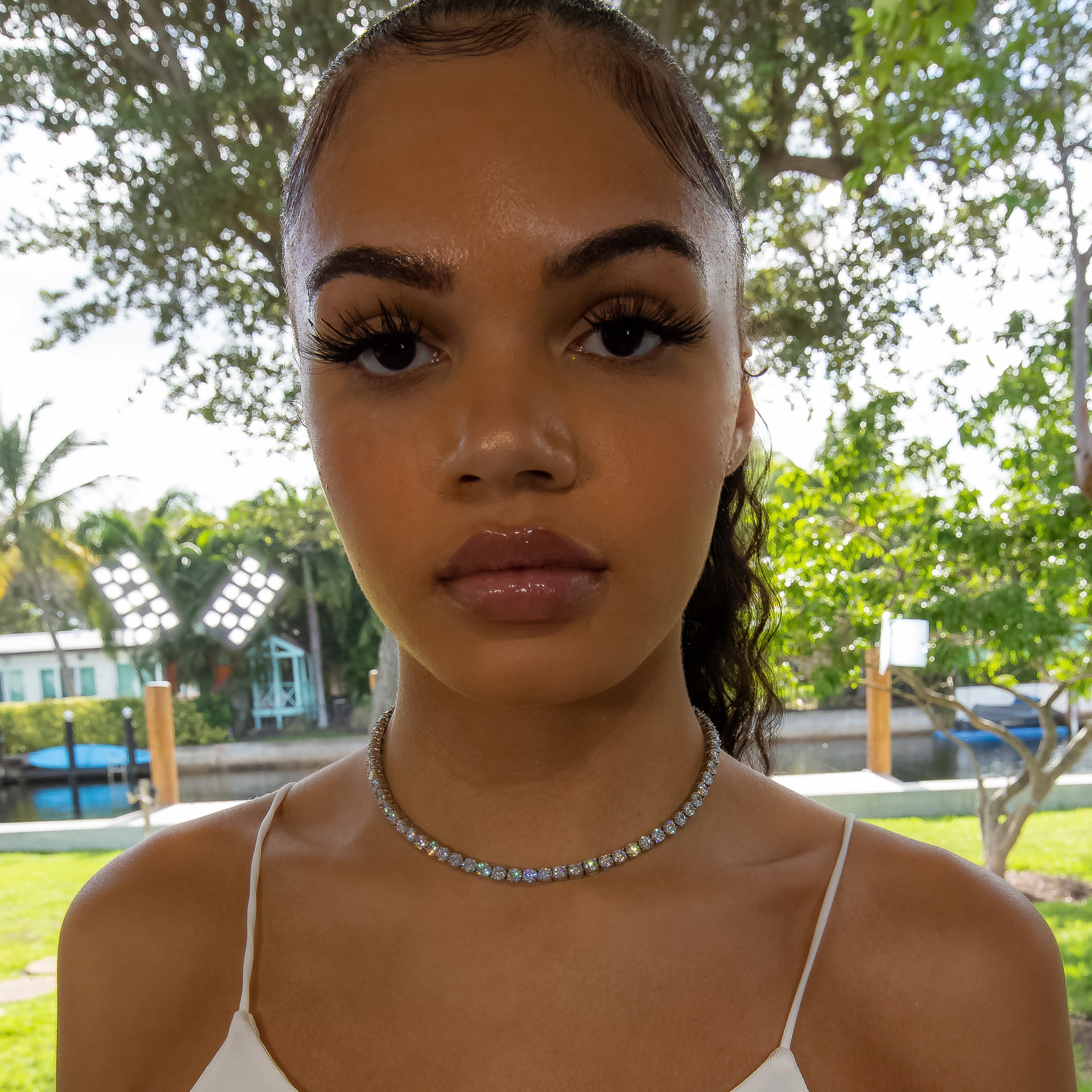 4mm Diamond Tennis Choker/ Necklace - 18K White Gold · female-model