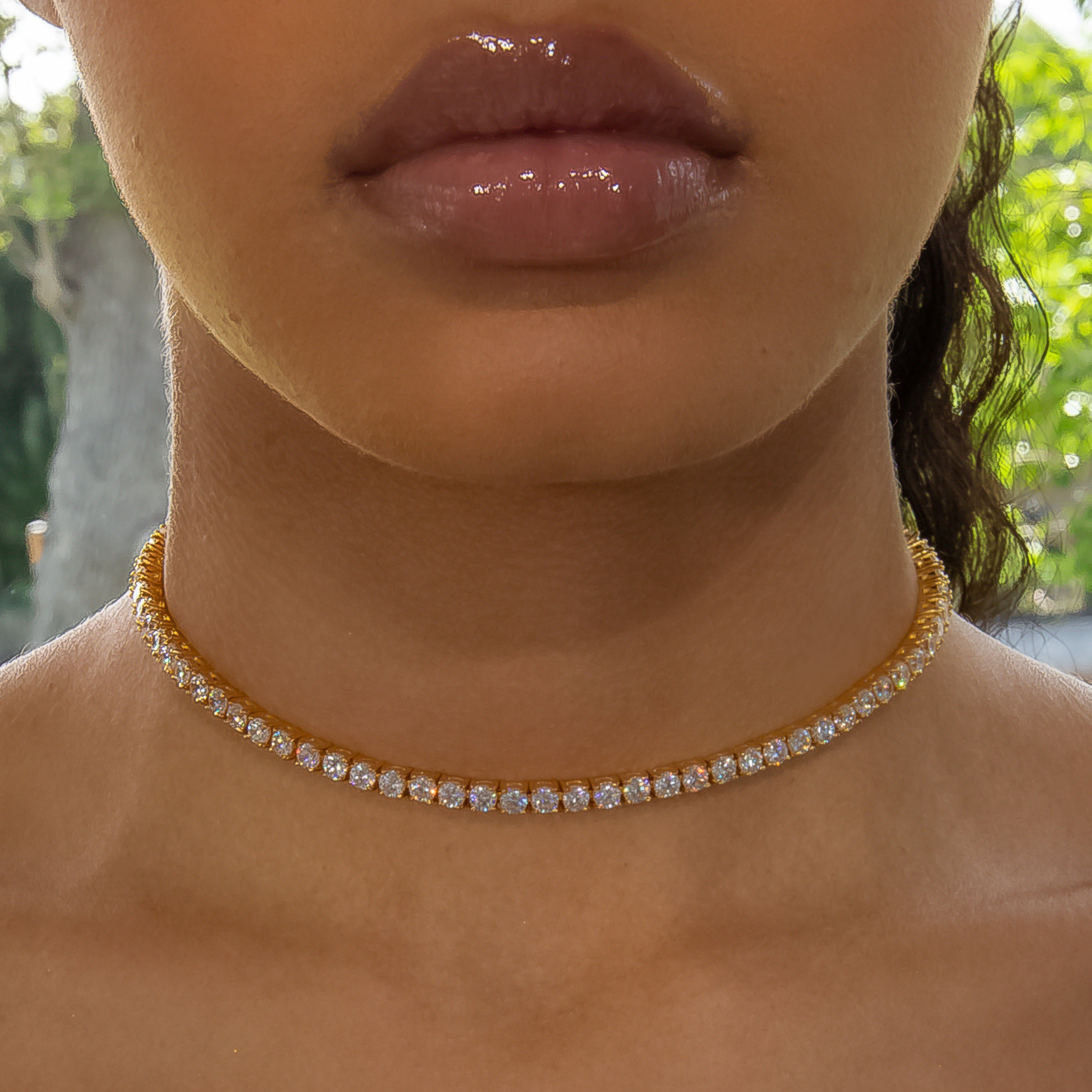 4mm Diamond Tennis Choker/ Necklace - 18K Yellow Gold · female-model