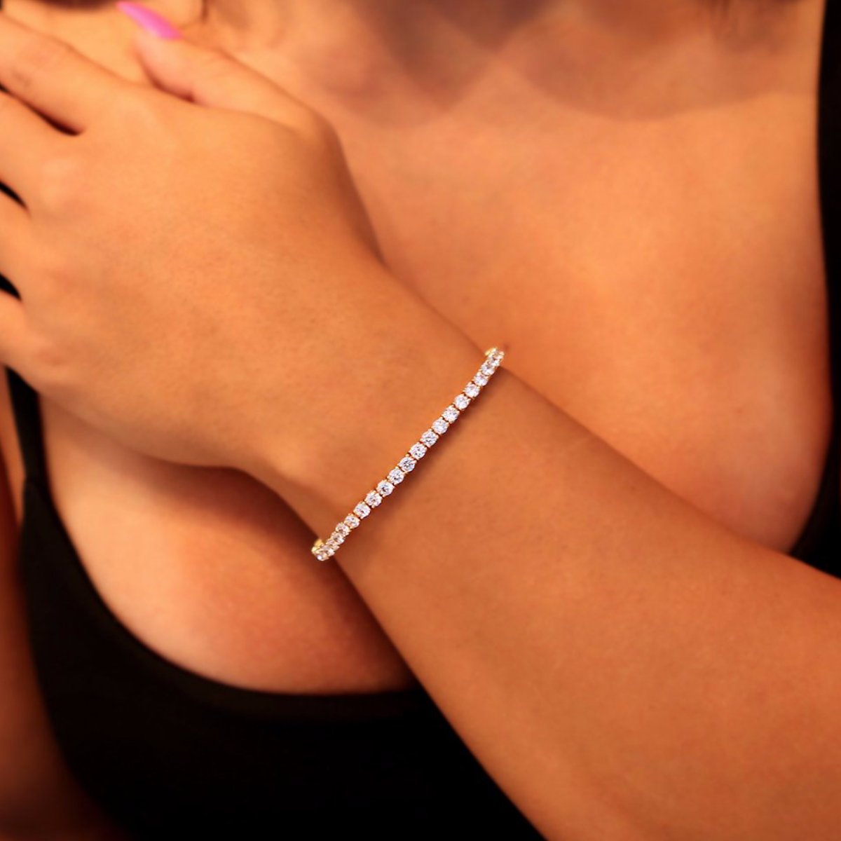 4mm Yellow Gold Diamond Tennis Bracelet (view 3 of 4) · female-model