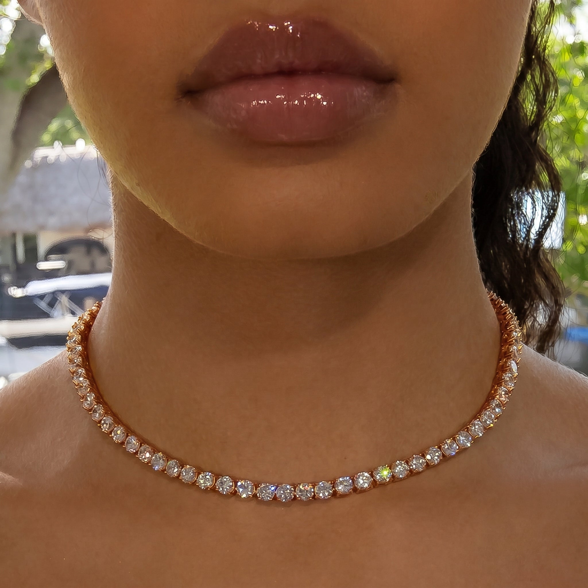5mm Diamond Tennis Choker/ Necklace 18K Rose Gold · female-model