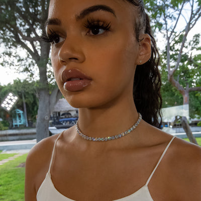 5mm Diamond Tennis Choker/ Necklace 18K Yellow Gold · female-model