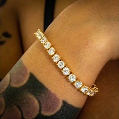 5mm Yellow Gold Diamond Tennis Bracelet (view 2 of 3) · female-model