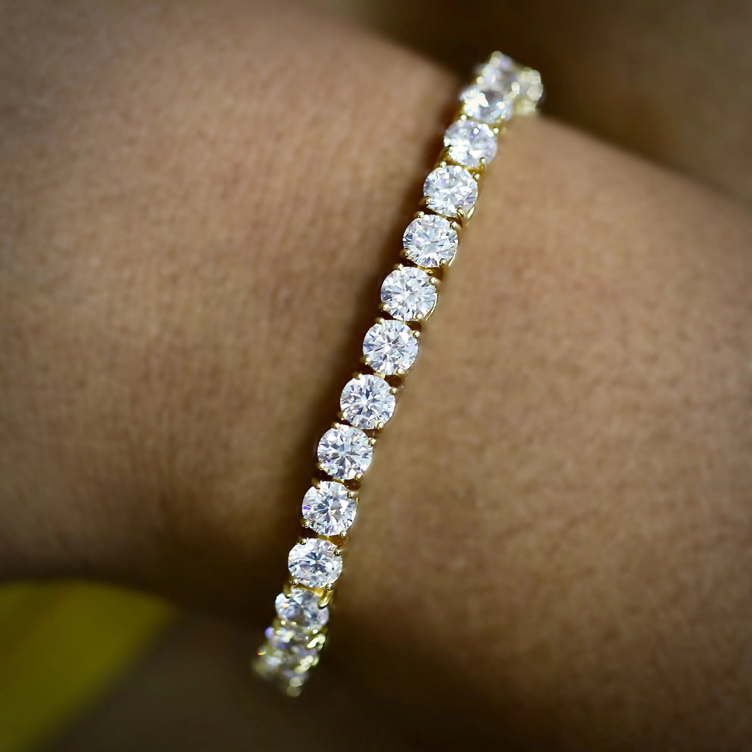 5mm Yellow Gold Diamond Tennis Bracelet · female-model