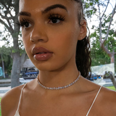 6mm Diamond Tennis Choker/ Necklace - 18K Rose Gold · female-model