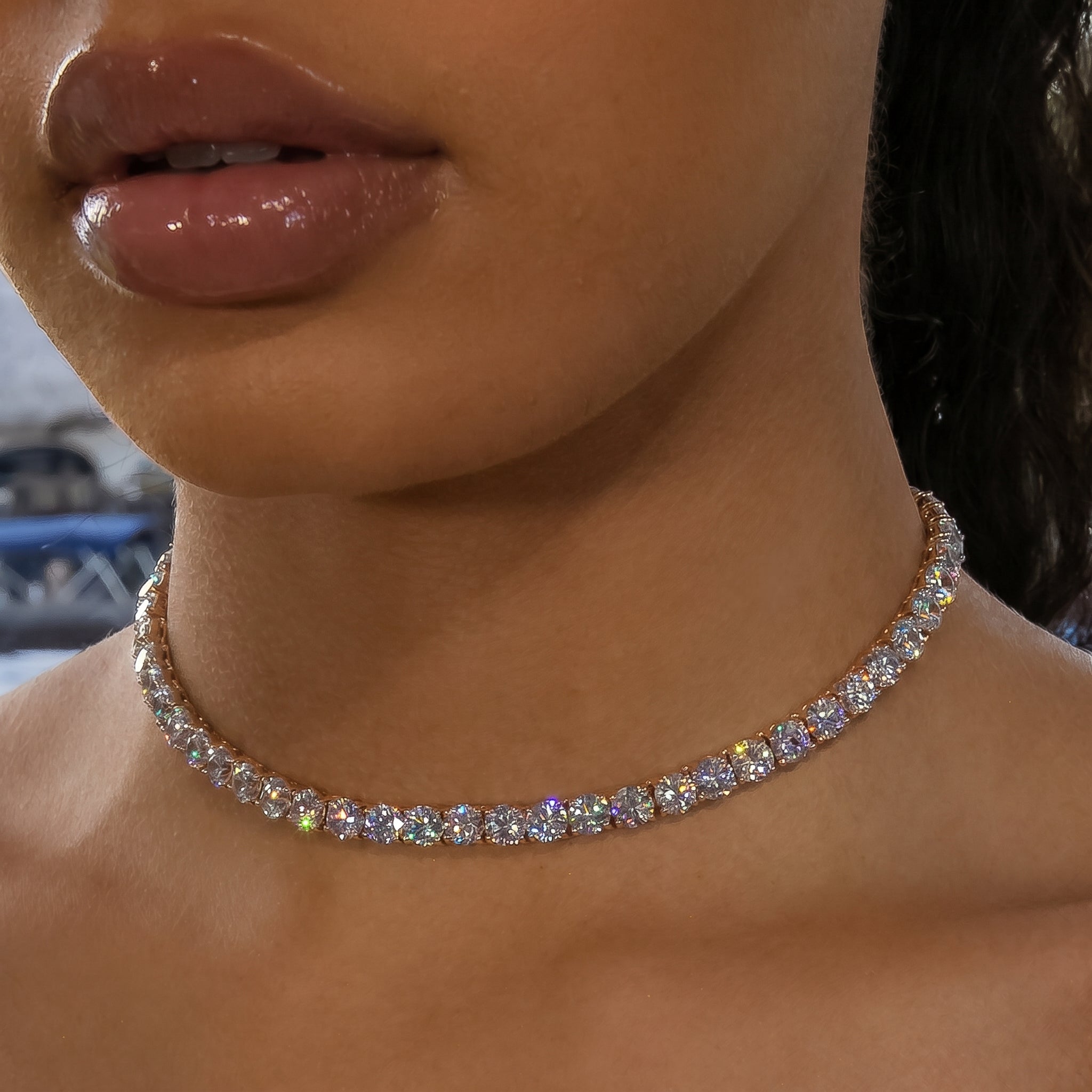 6mm Diamond Tennis Choker/ Necklace - 18K Rose Gold · female-model
