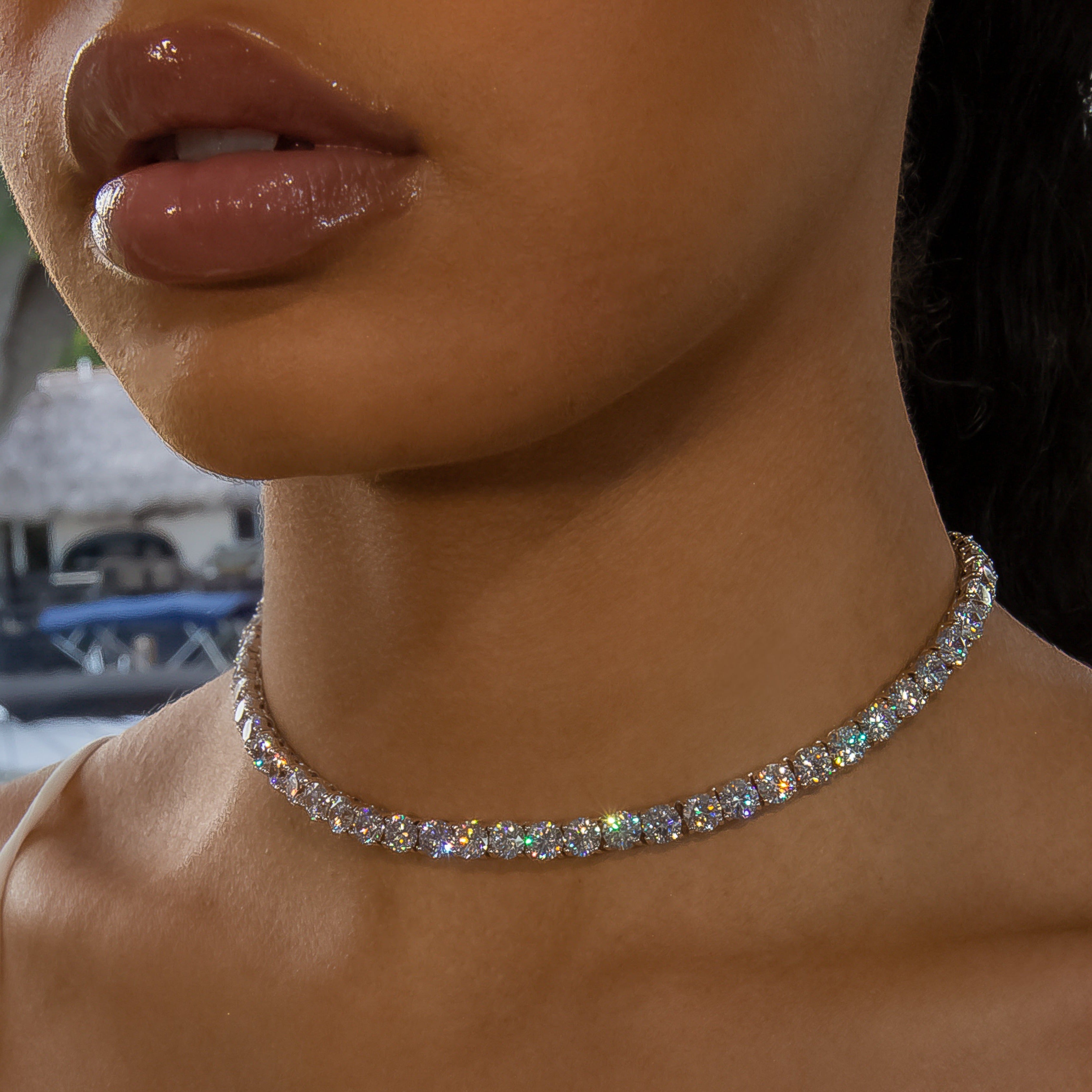 6mm Diamond Tennis Choker/ Necklace - 18K White Gold · female-model