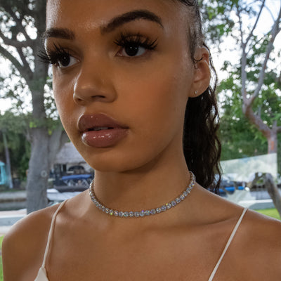 6mm Diamond Tennis Choker/ Necklace 18K Yellow Gold · female-model
