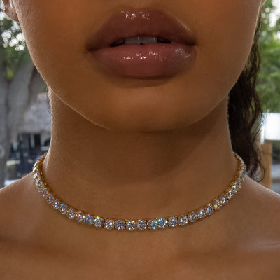 6mm Diamond Tennis Choker/ Necklace 18K Yellow Gold · female-model