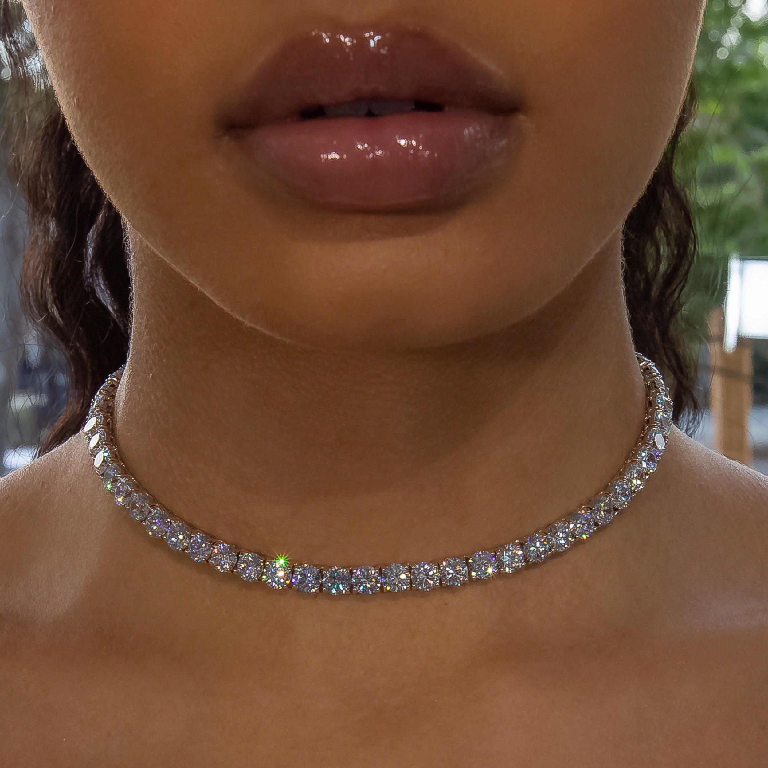 6mm Diamond Tennis Choker/ Necklace 18K Yellow Gold · female-model