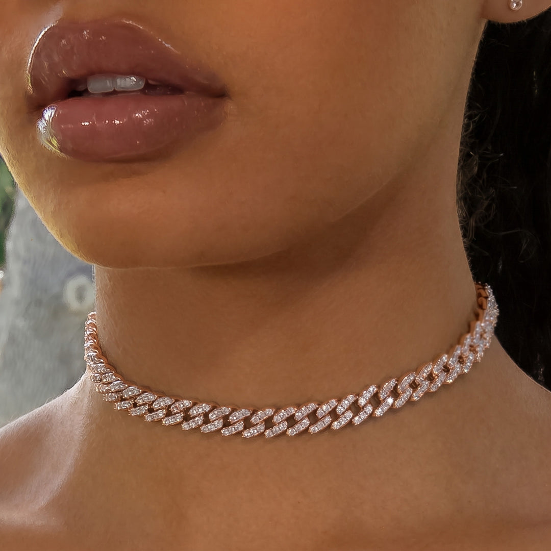 8mm Cuban Link Choker/ Necklace - 18K Rose Gold · female-model