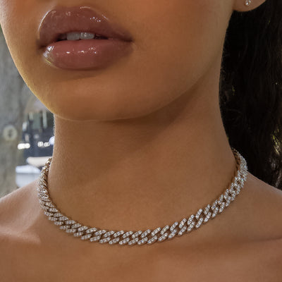 8mm Cuban Link Choker/ Necklace - 18K White Gold · female-model