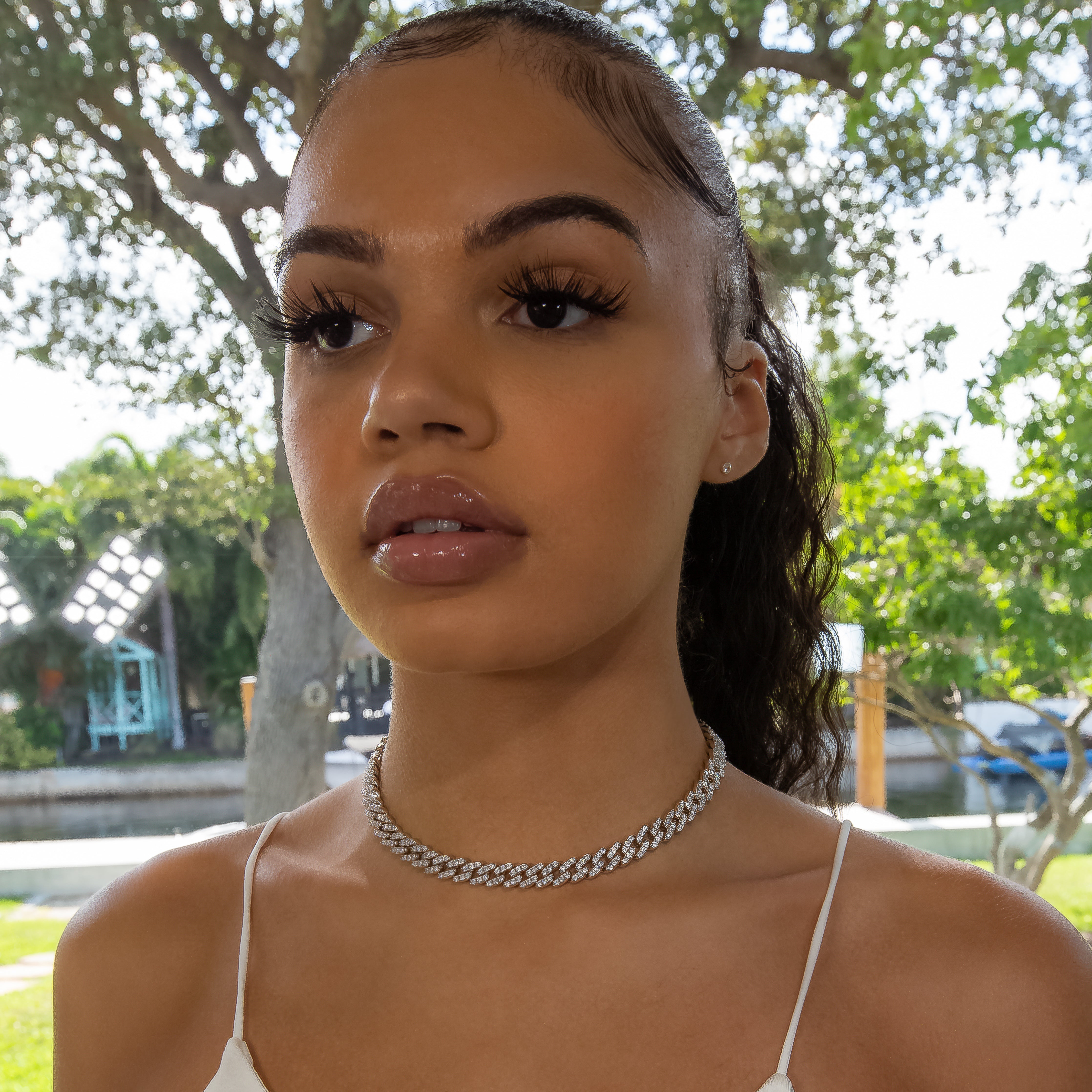 8mm Cuban Link Choker/ Necklace - 18K White Gold · female-model