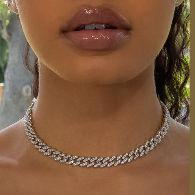 8mm Cuban Link Choker/ Necklace in 18K White Gold - product image · female-model