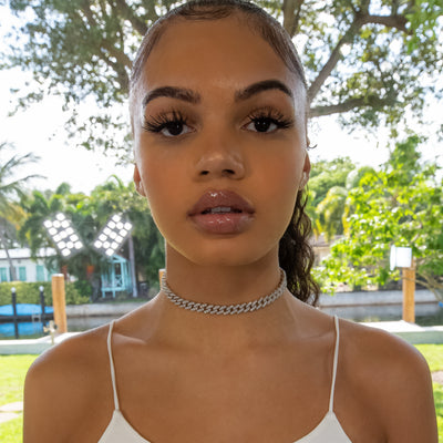 8mm Cuban Link Choker/ Necklace - 18K White Gold · female-model