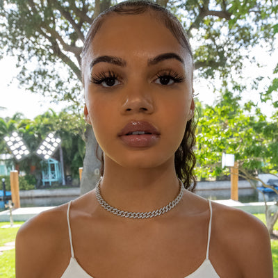 8mm Cuban Link Choker/ Necklace - 18K White Gold · female-model