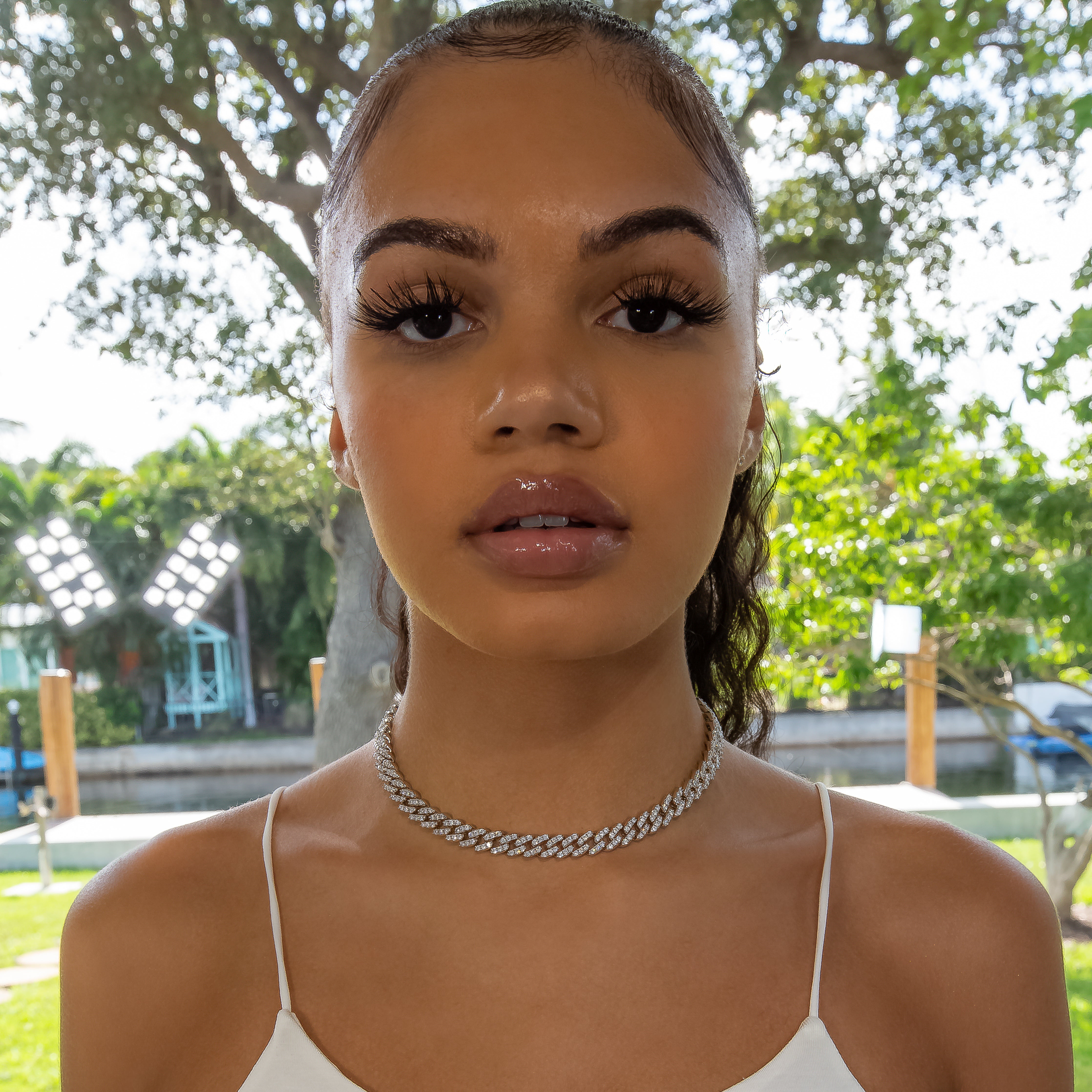 8mm Cuban Link Choker/ Necklace - 18K White Gold · female-model