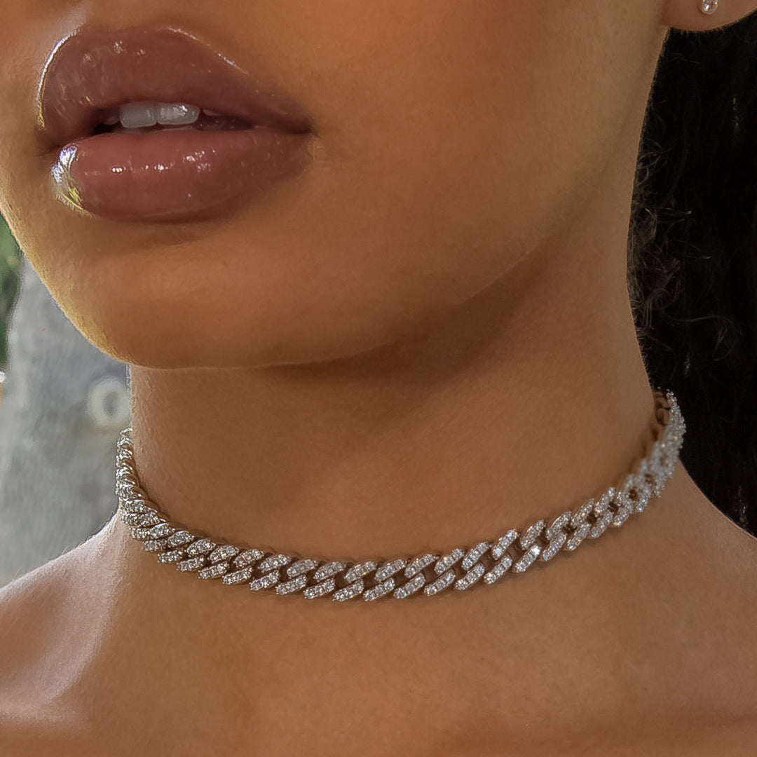 8mm Cuban Link Choker/ Necklace - 18K White Gold · female-model