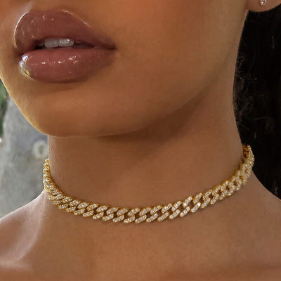 8mm Cuban Link Choker/ Necklace - 18K Yellow Gold · female-model