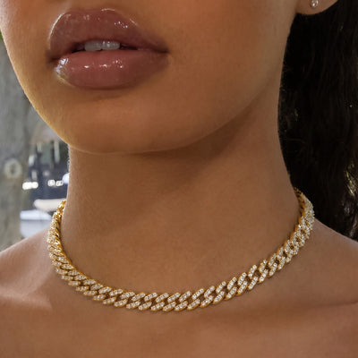 8mm Cuban Link Choker/ Necklace - 18K Yellow Gold · female-model