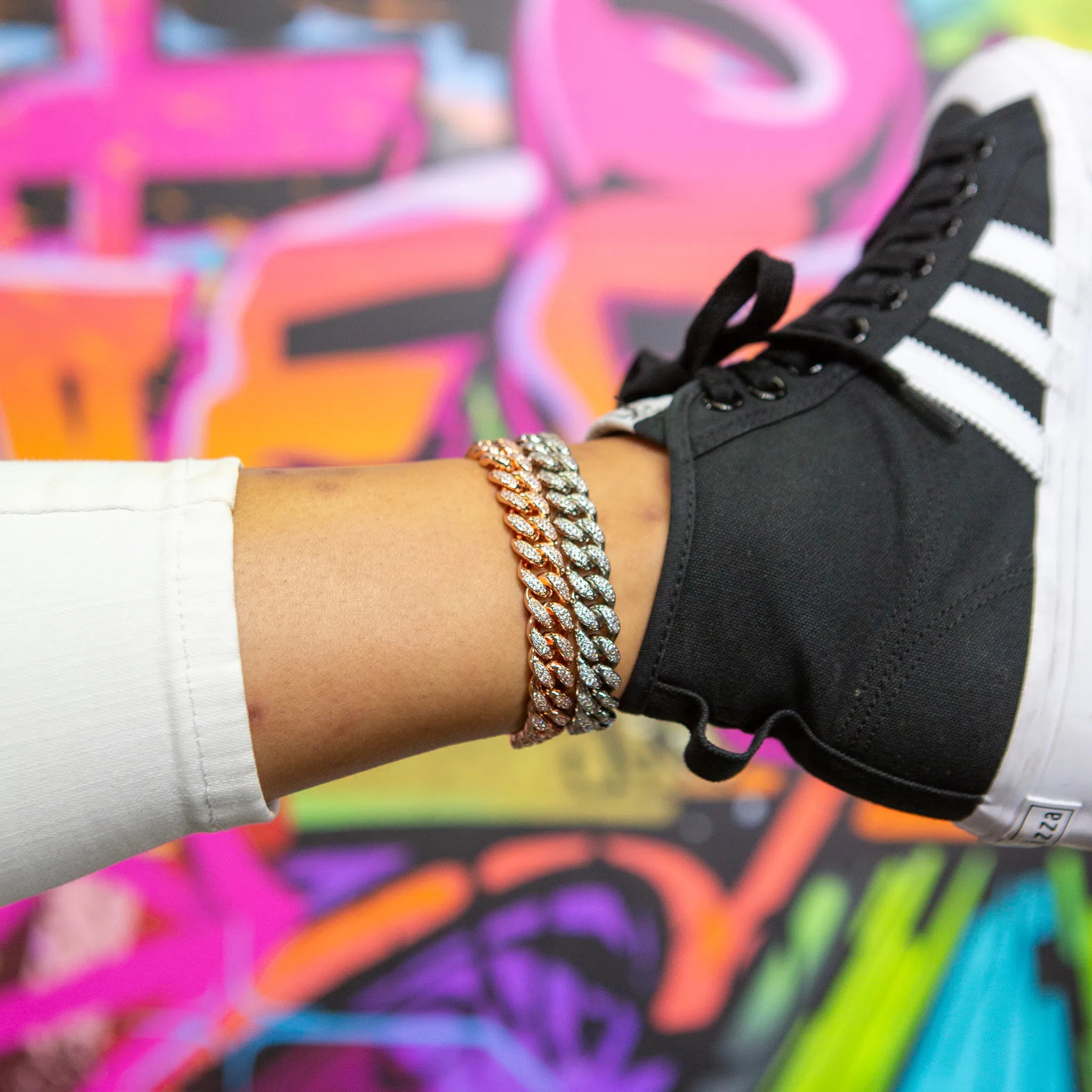 12mm Cuban Link Anklet Set in White & Rose Gold