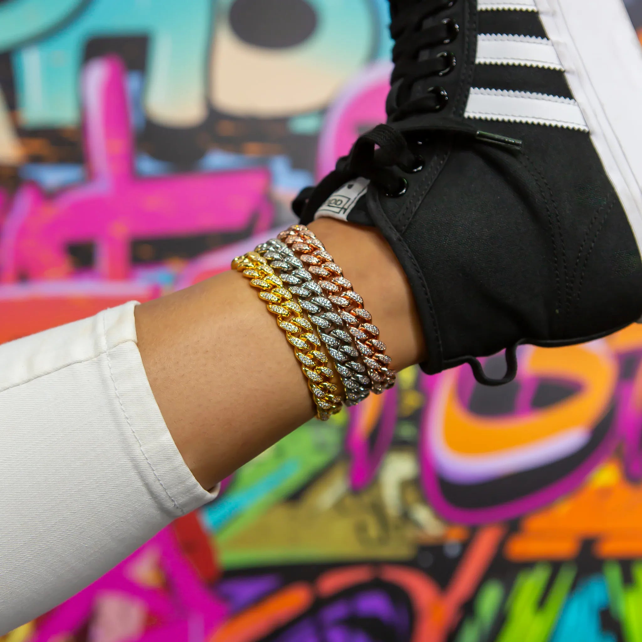 12mm Cuban Link Anklet Set in White, Yellow & Rose Gold