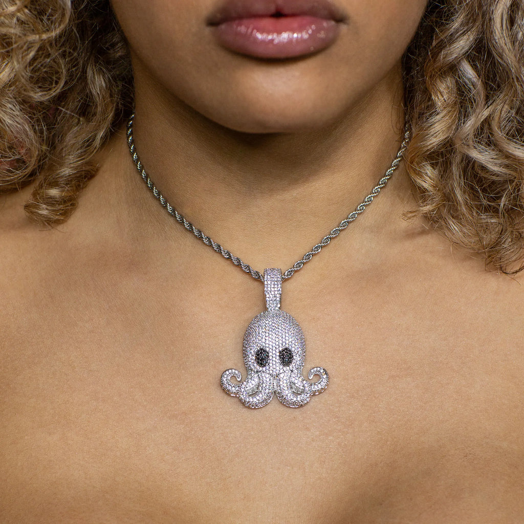 Iced Out Diamond Octopus Pendant in 18K White Gold