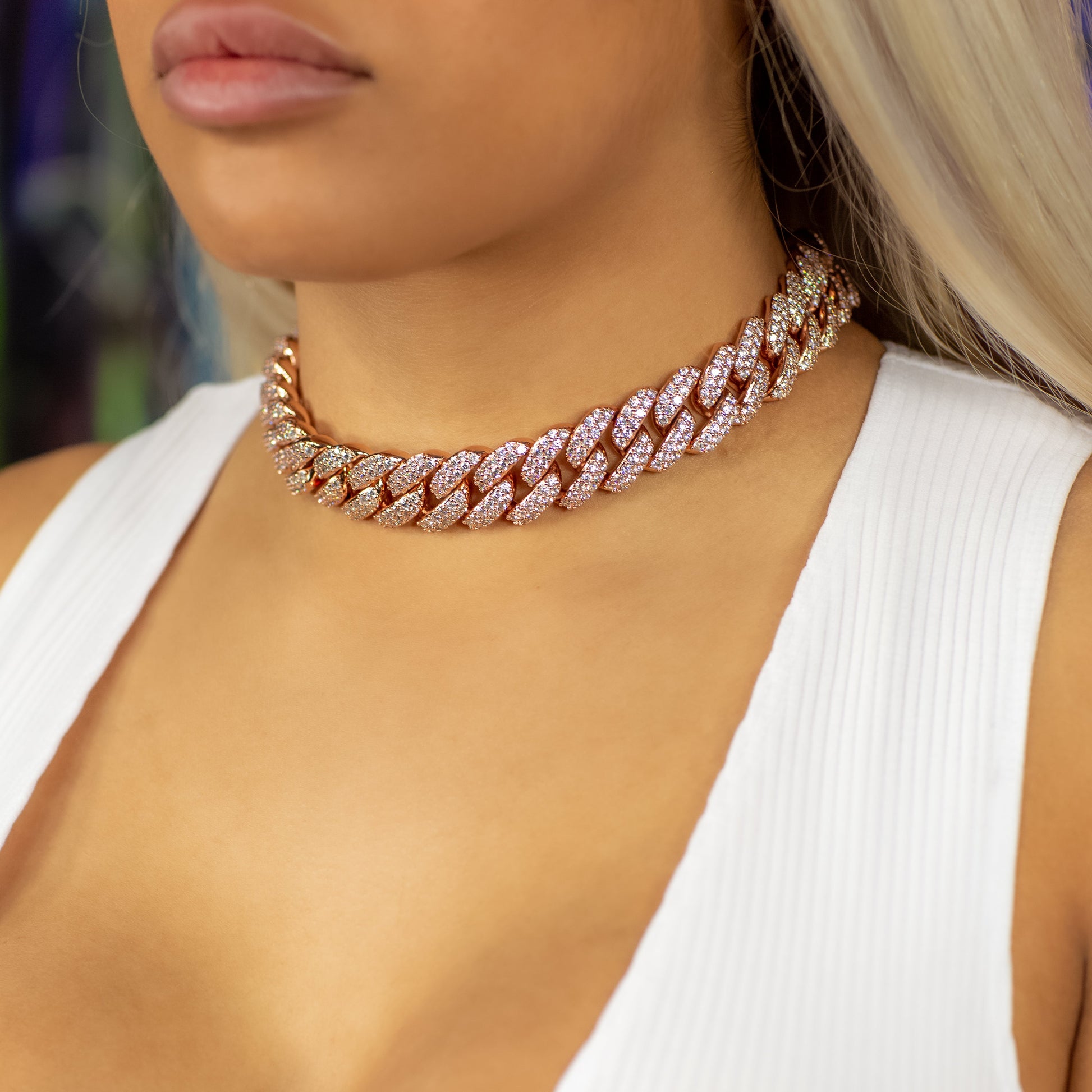 18mm Flower Set Cuban Link Choker/ Necklace