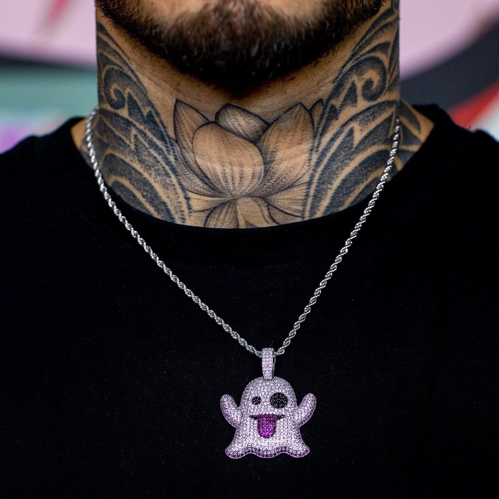 Iced Out Ghost Emoji in 18K White Gold
