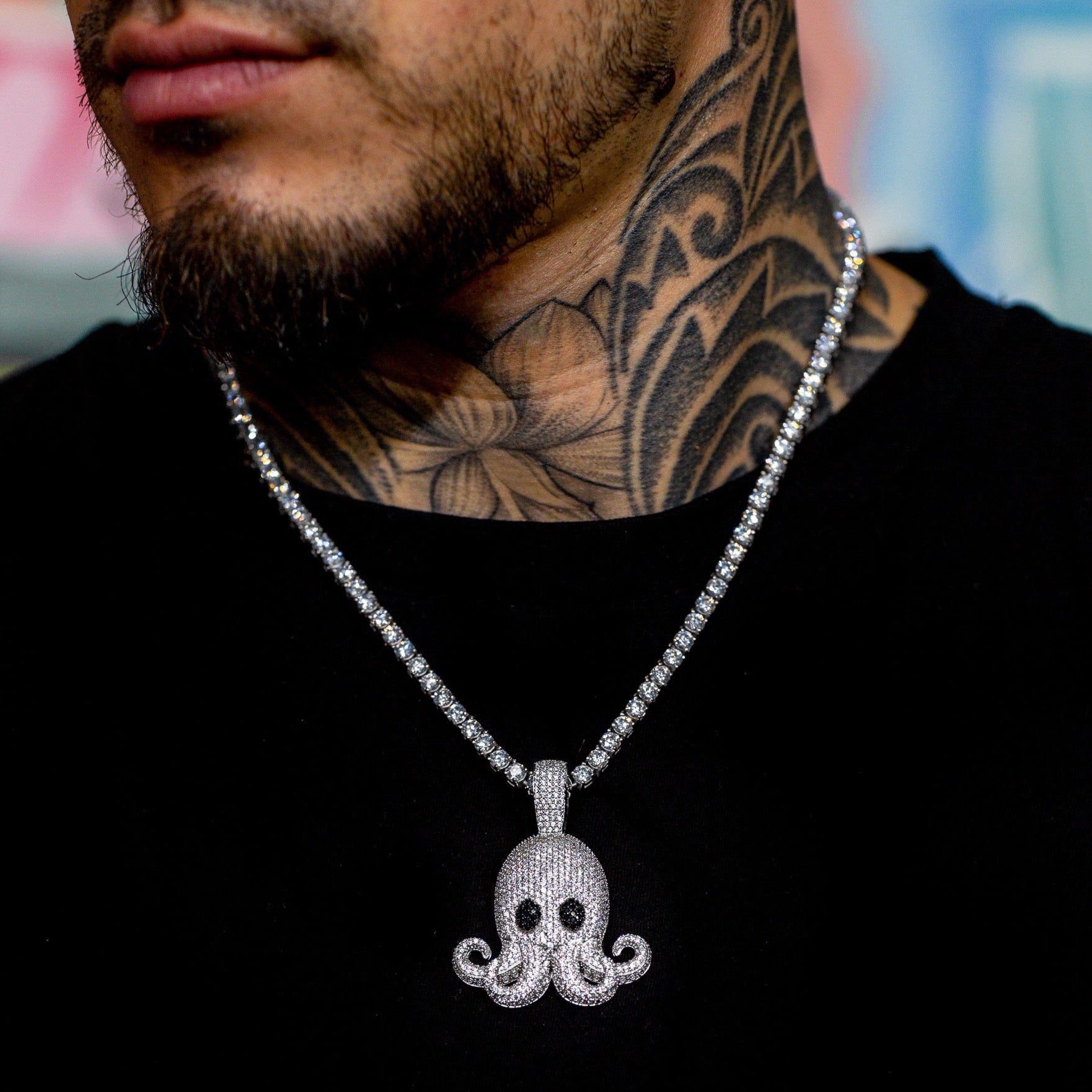 Iced Out Octopus Pendant in 18K White Gold
