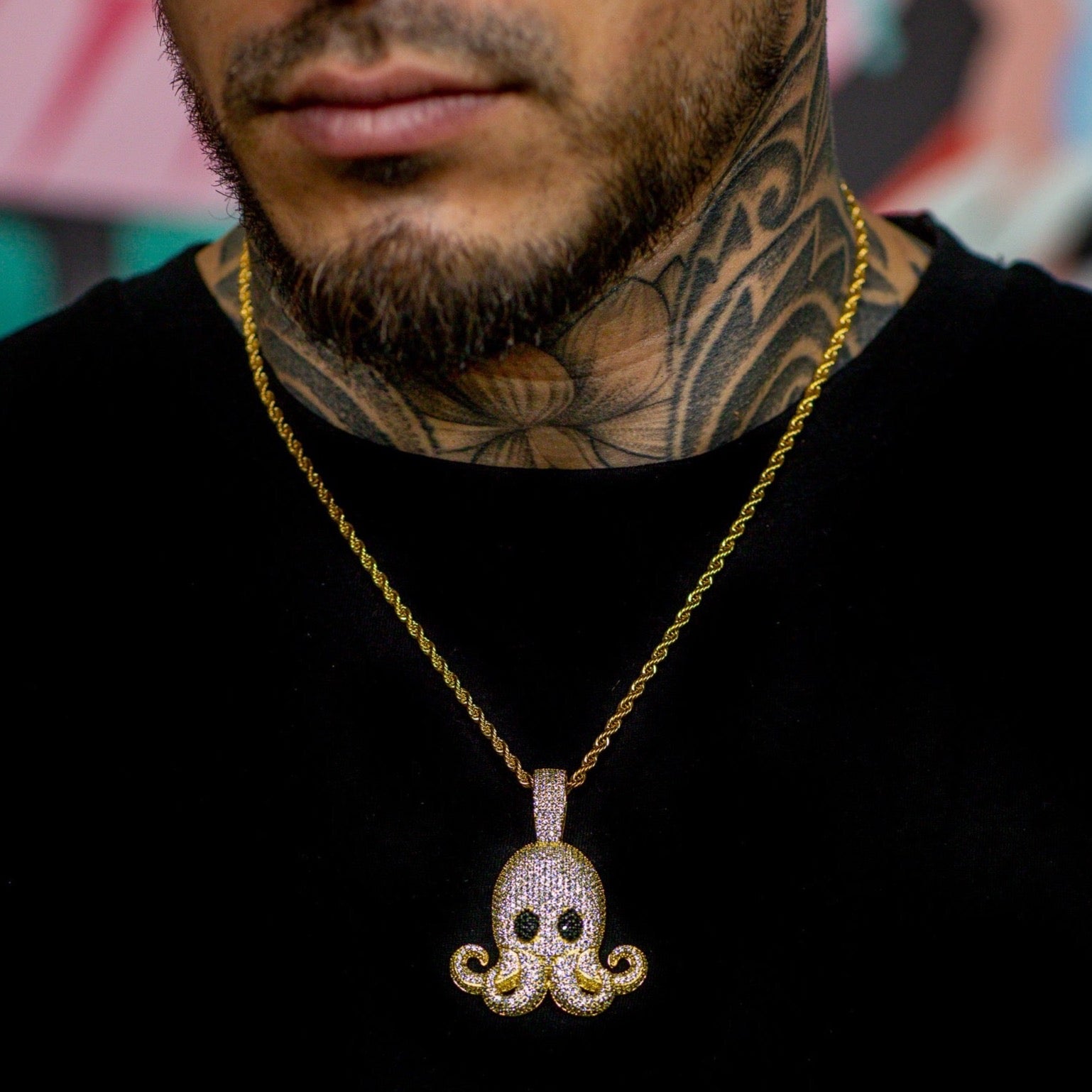 Iced Out Octopus Pendant in 18K Yellow Gold